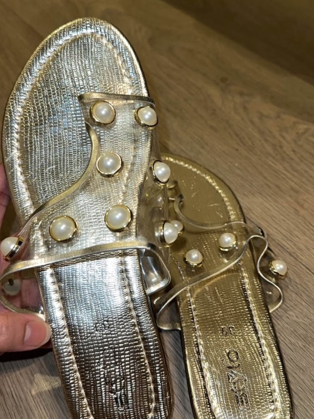 Women's Gold Pearl Slide Sandals